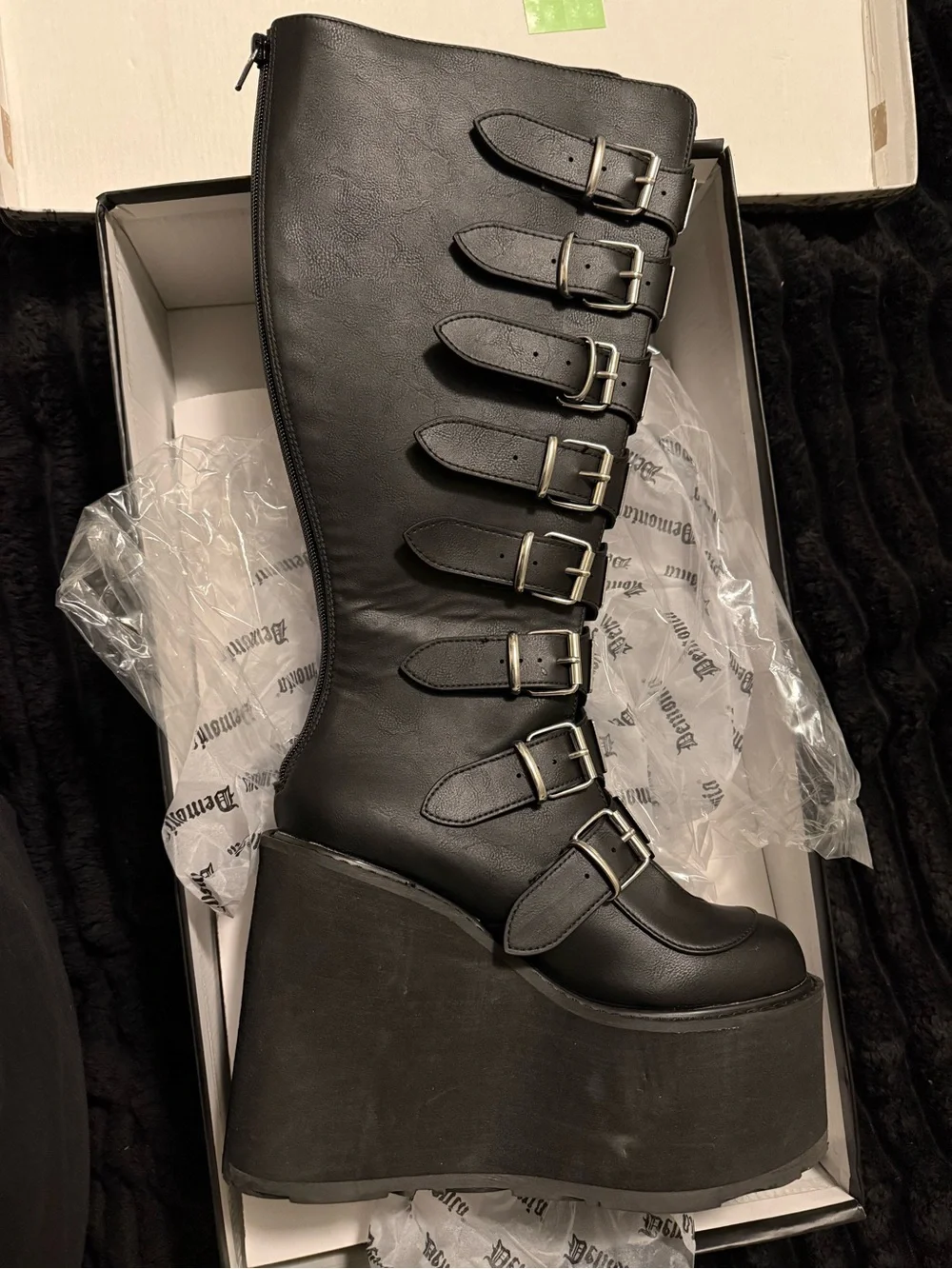 Black Demonia Swing815WC Wide Calf Platform Knee-High Boot